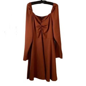 Shein long sleeve brown dress gathered bodice empire waist elastic shoulder